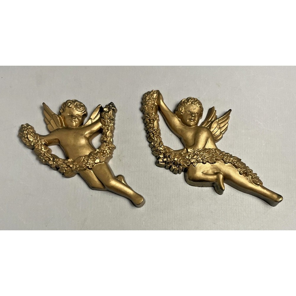 Vintage Syroco Gold Cherub Wall Plaques Set of 2 USA Angel Floral Garland 3081